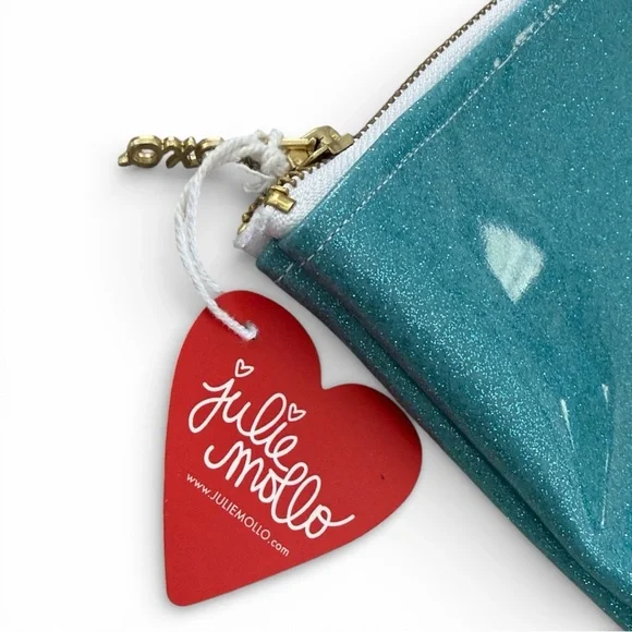 Julie Mollo Glitter Blue & Green Leaf Clutch Oversized Cosmetic Bag New - Picture 5 of 16